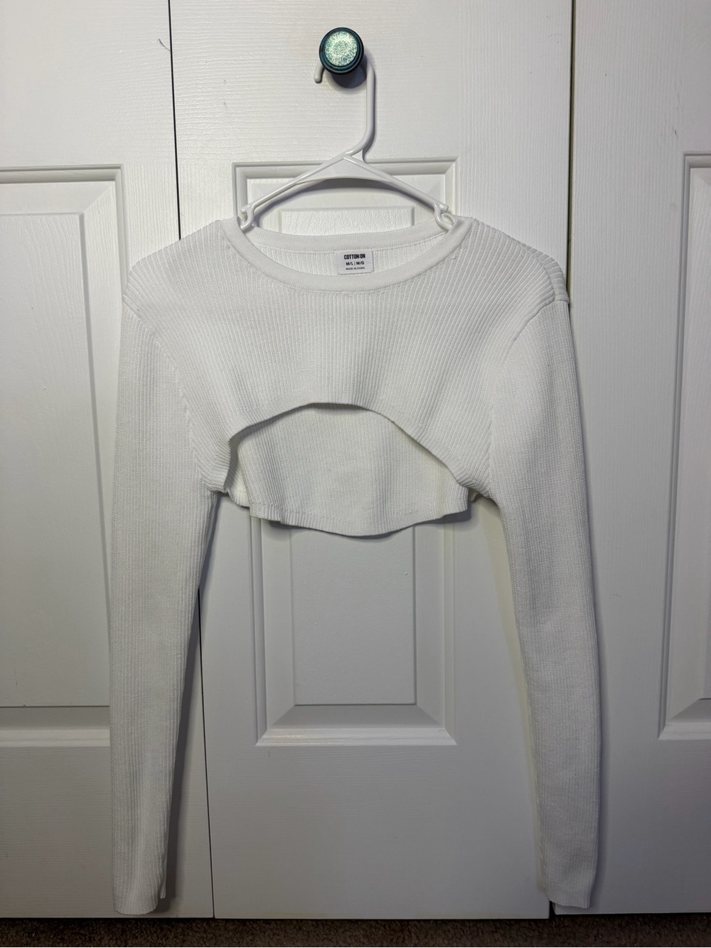 Cotton On White Cropped Layered Rib-Knit Long Sleeve Top